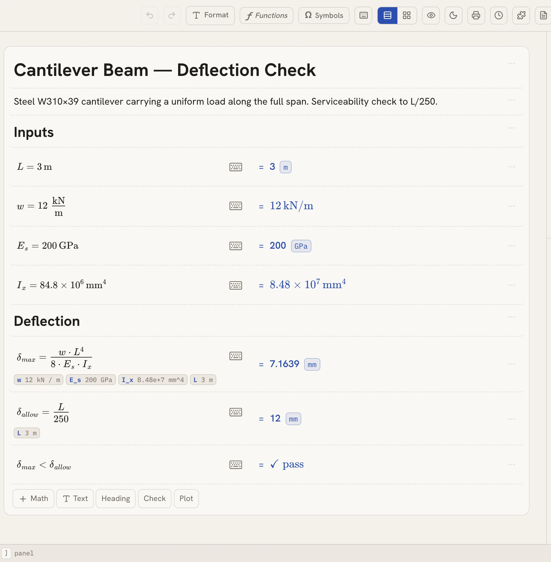 The full cantilever worksheet: headed sections, unit-carried inputs, fraction-rendered deflection formulas with live results, and a passing design check